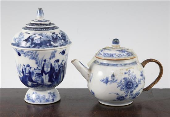 A Chinese blue and white cup and cover, and a globular teapot and cover, 18th / 19th century, 12cm
